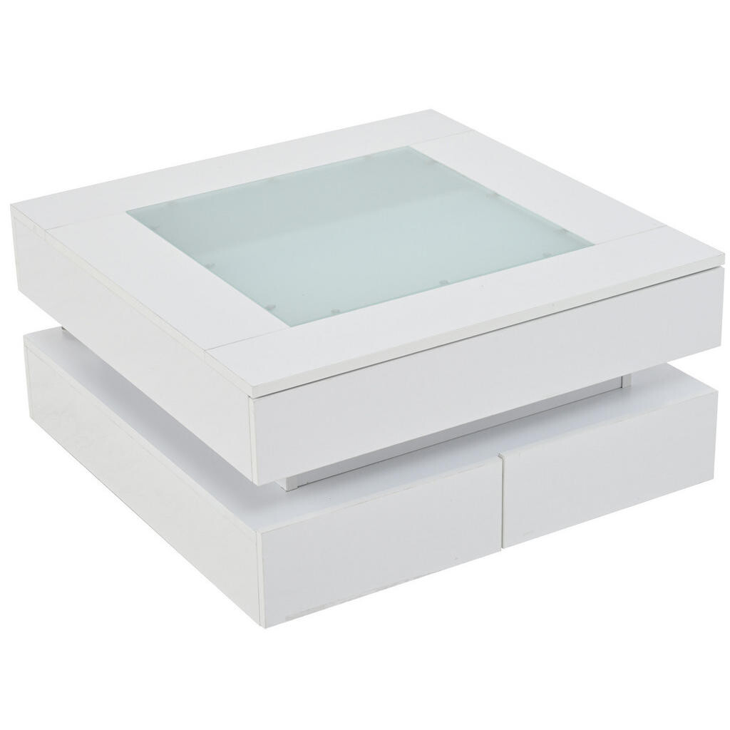 Modfu KONFERENČNÍ stolek z dřevotřísky a skla 70x70x35 cm bílý s LED osvětlením, 3 zásuvkami a lesklým povrchem