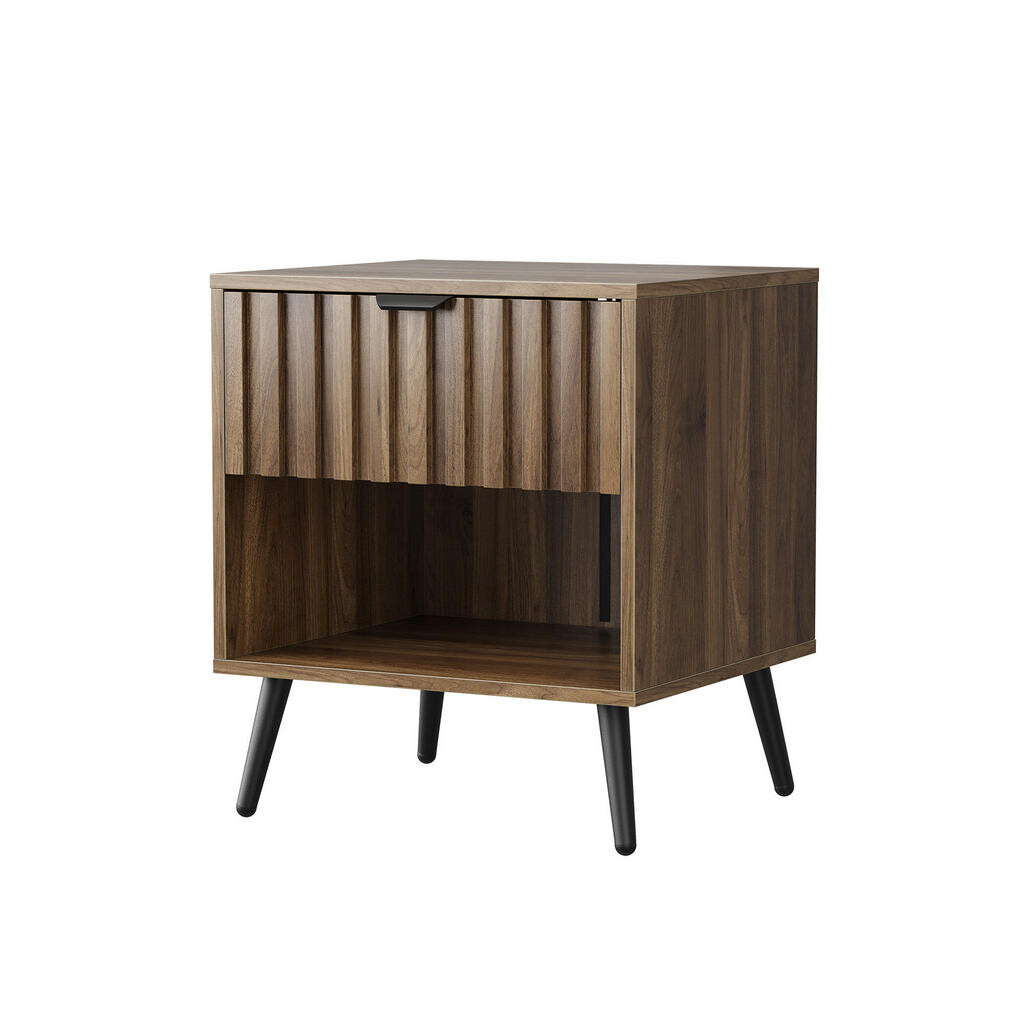Modfu NOČNÍ stolek z MDF 45x40x53 cm ořechová barva se zásuvkou, otevřenou přihrádkou a kovovými nohami