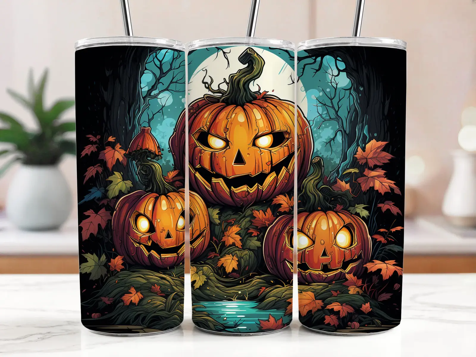 Cestovní termokelímek s brčkem 590 ml – Halloweenské dýně v lese 03