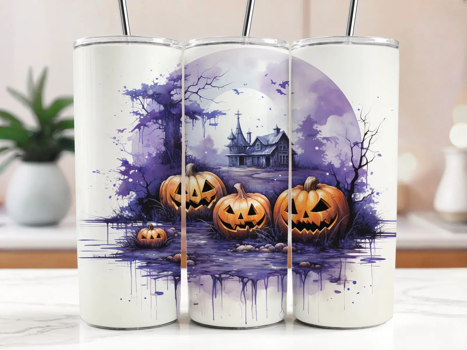 Cestovní termokelímek s brčkem 590 ml – Halloweenský strašidelný dům a dýně 04