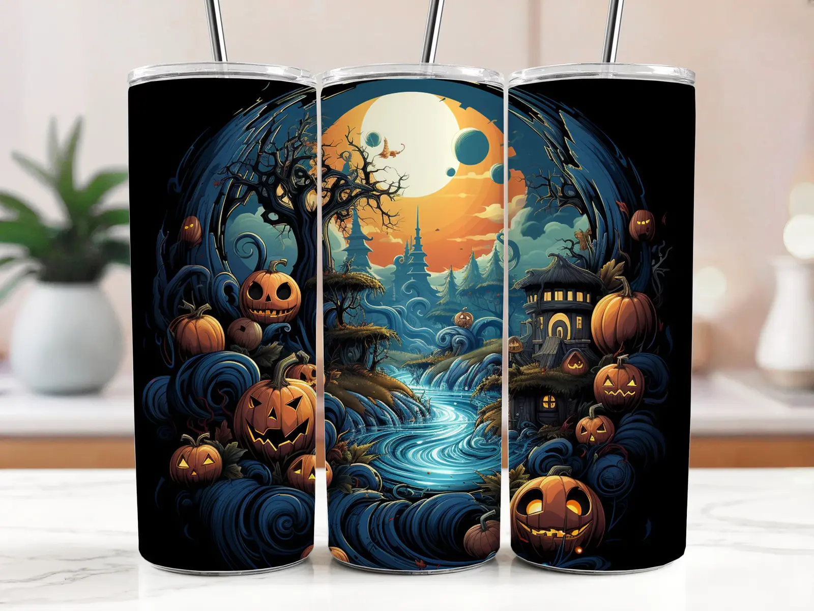 Cestovní termokelímek s brčkem 590 ml – Halloweenská krajina s dýněmi a řekou 05