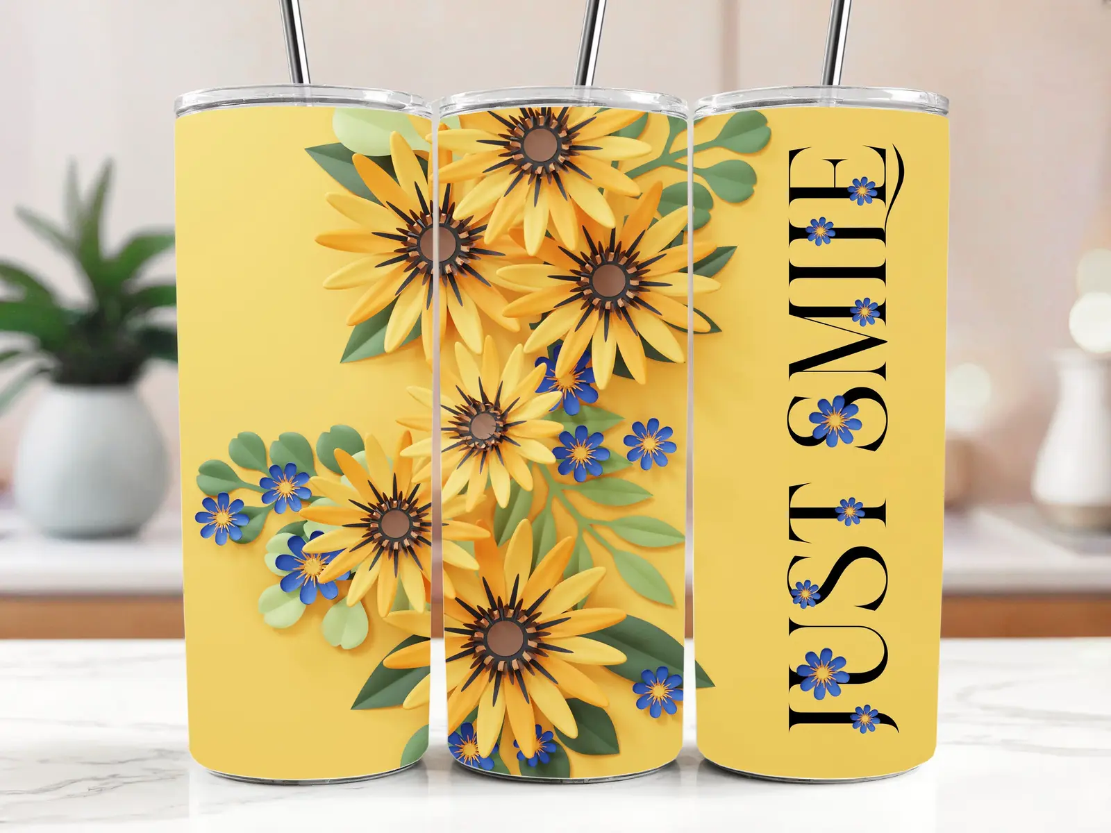 Cestovní termokelímek s brčkem 590 ml – Žluté květy a Just Smile 07