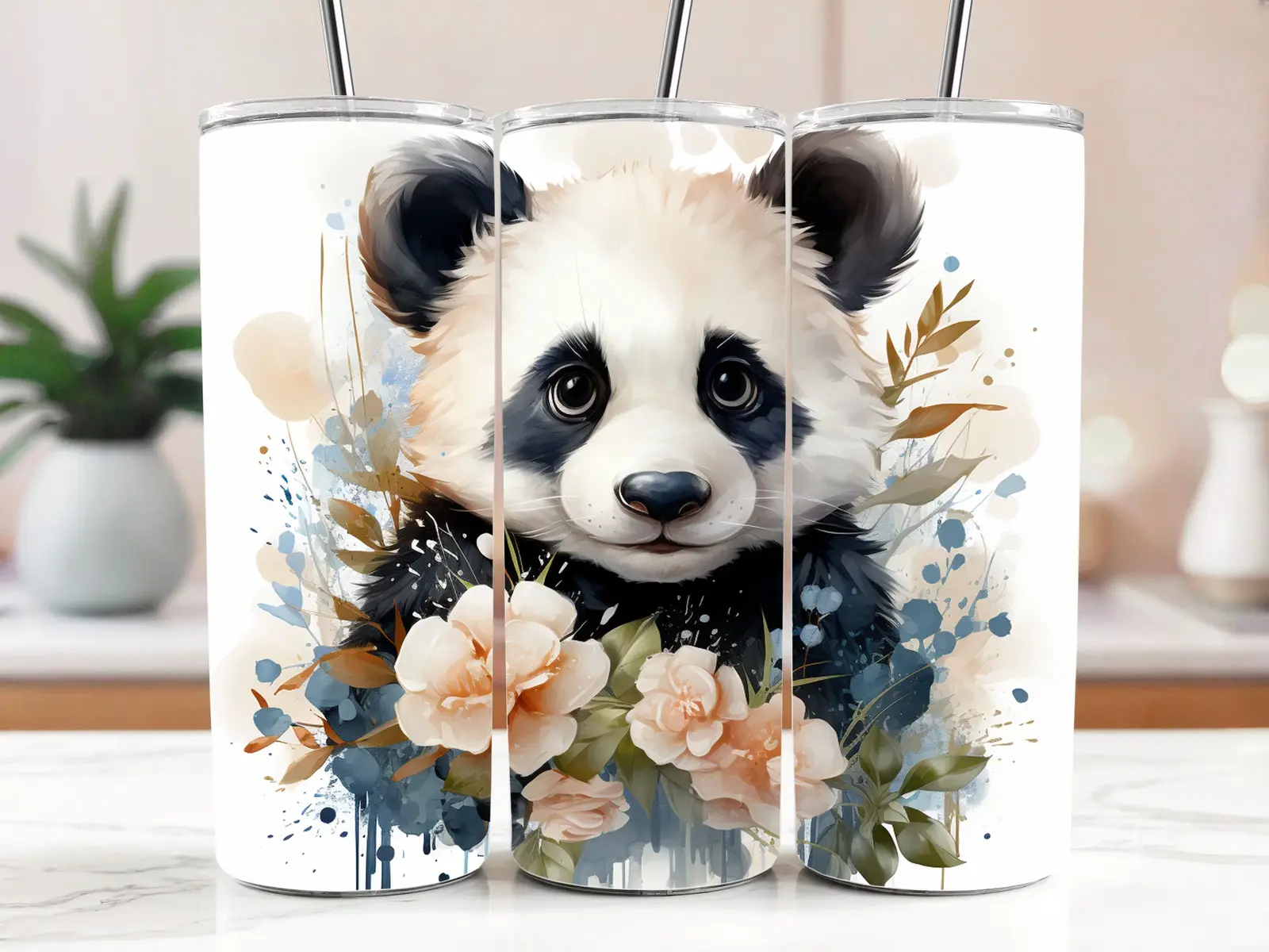 Cestovní termokelímek s brčkem 590 ml – Roztomilá panda a květy 09