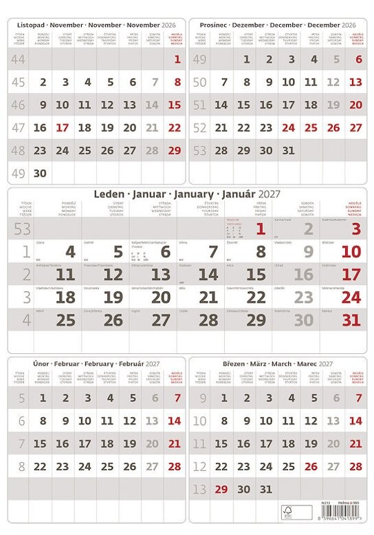 Pětiměsíční kalendář šedý 2027 - nástěnný kalendář