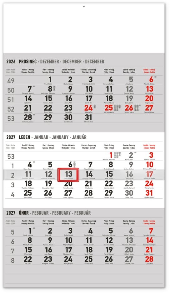 3měsíční standard šedý kalendář 2027 - nástěnný kalendář
