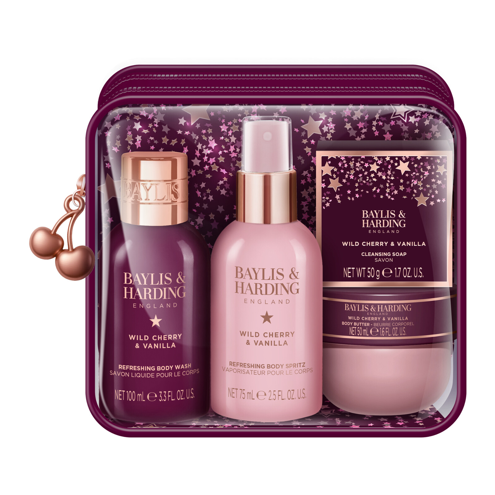 Baylis & Harding Dárková sada péče o tělo v taštičce Wild Cherry & Vanilla 4 ks