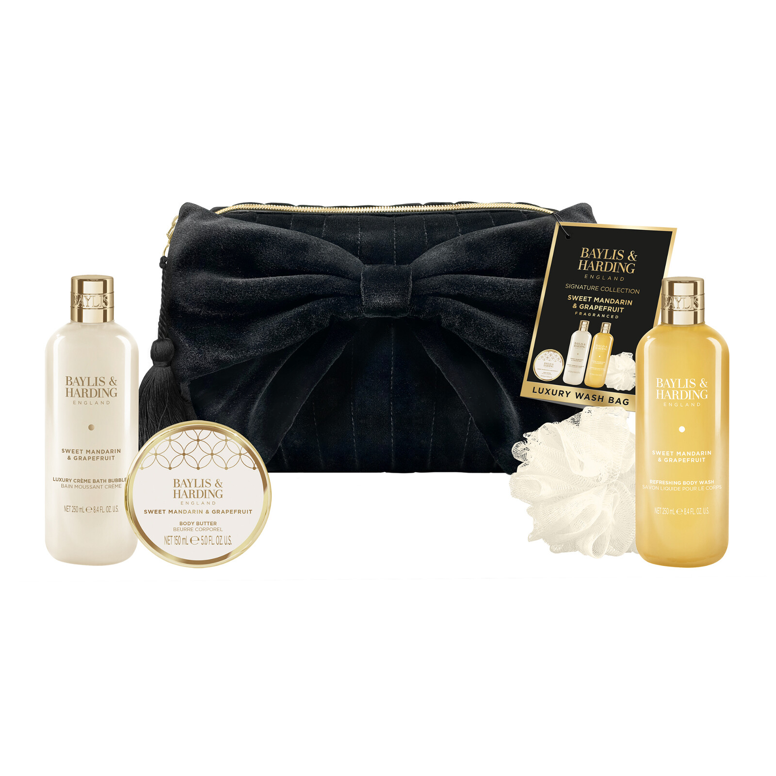 Baylis & Harding Dárková sada péče o tělo v sametové taštičce Mandarinka & Grapefruit 4 ks