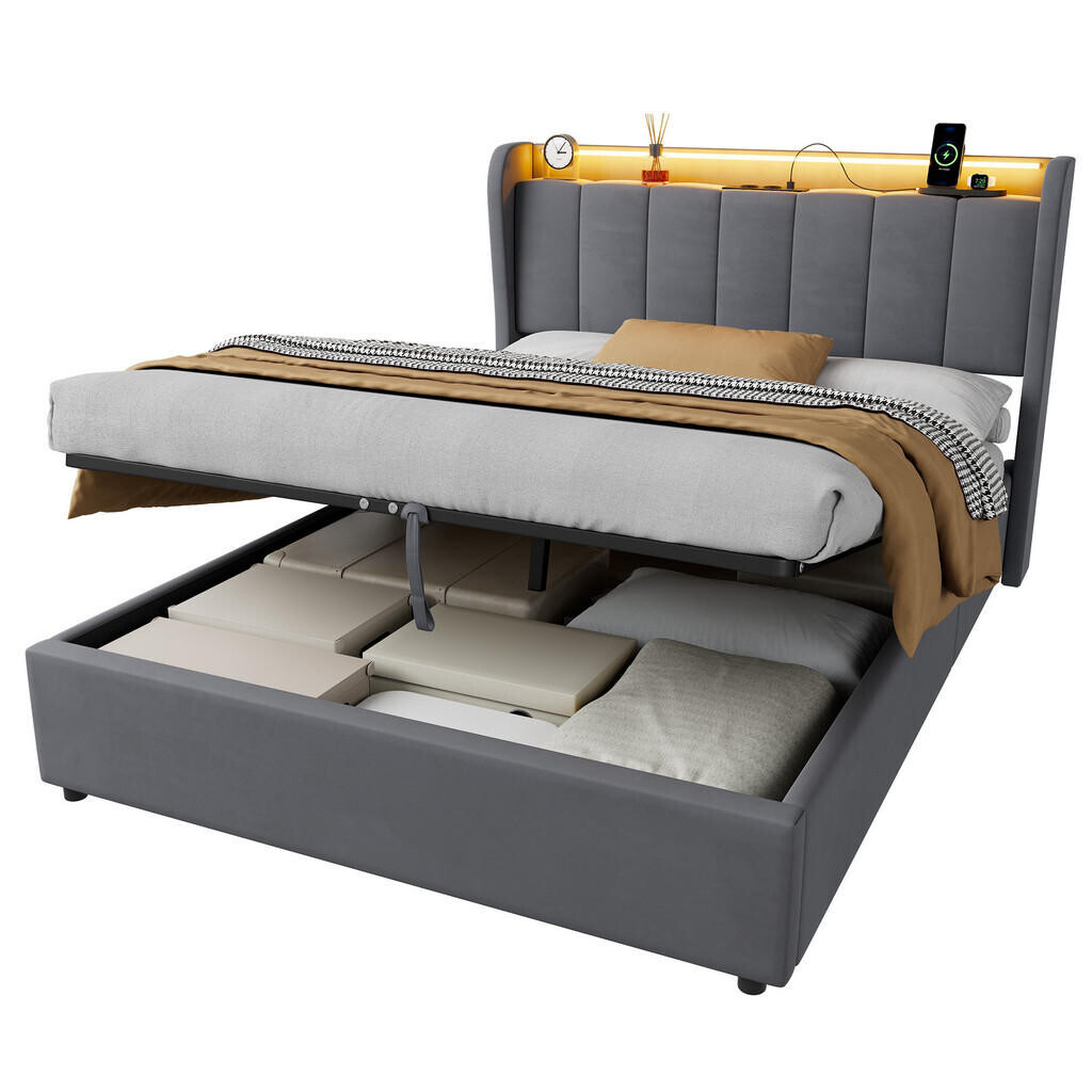 OKWISH ČALOUNĚNÁ postel 140/200 cm tmavě šedá ze sametu s hydraulickým úložným prostorem, LED a nabíjecí stanicí