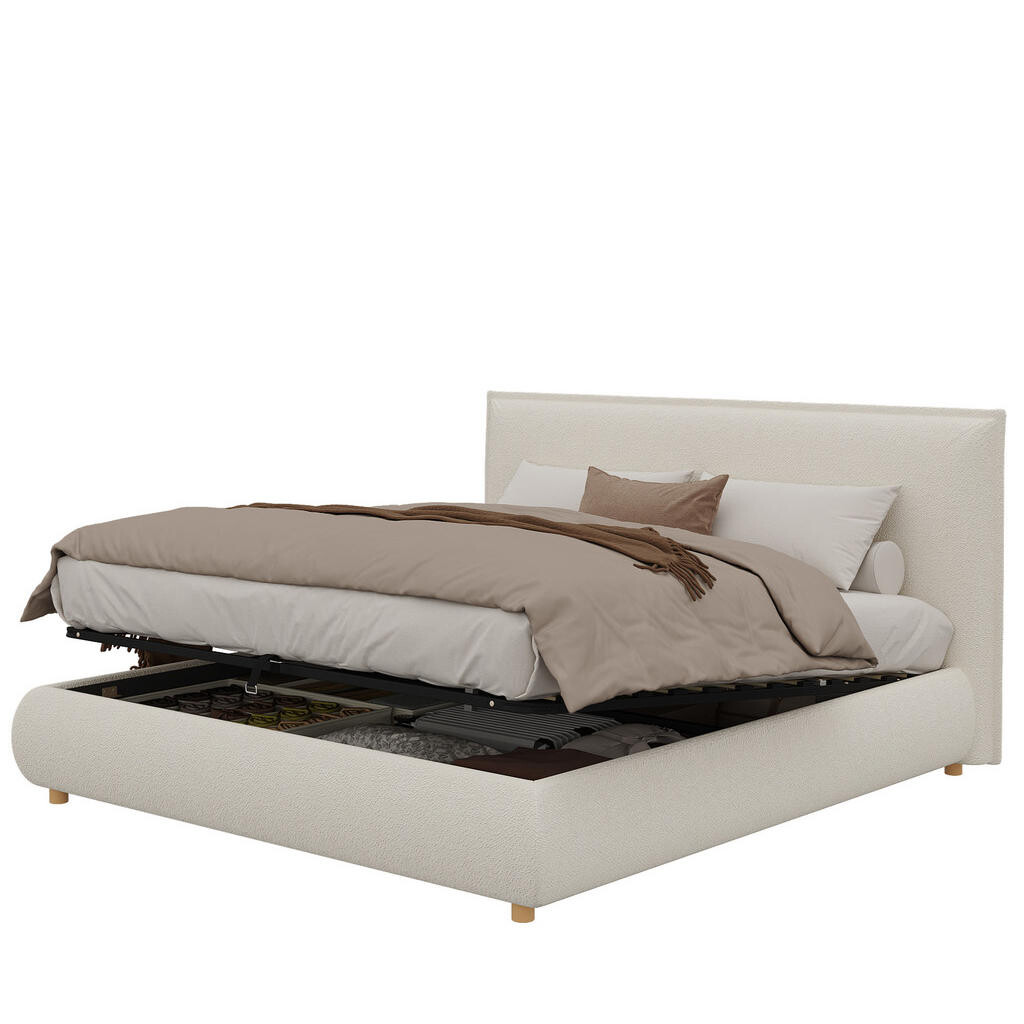 OKWISH ČALOUNĚNÁ postel 180/200 cm bílá z látky bouclé s úložným prostorem a lamelovým roštem