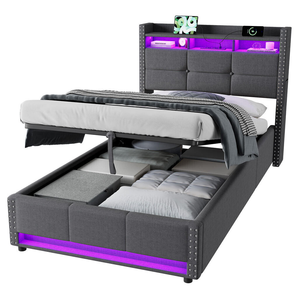 OKWISH ČALOUNĚNÁ postel 90/200 cm tmavě šedá z lněné látky s hydraulickým úložným čelem, LED a USB nabíjecí funkcí