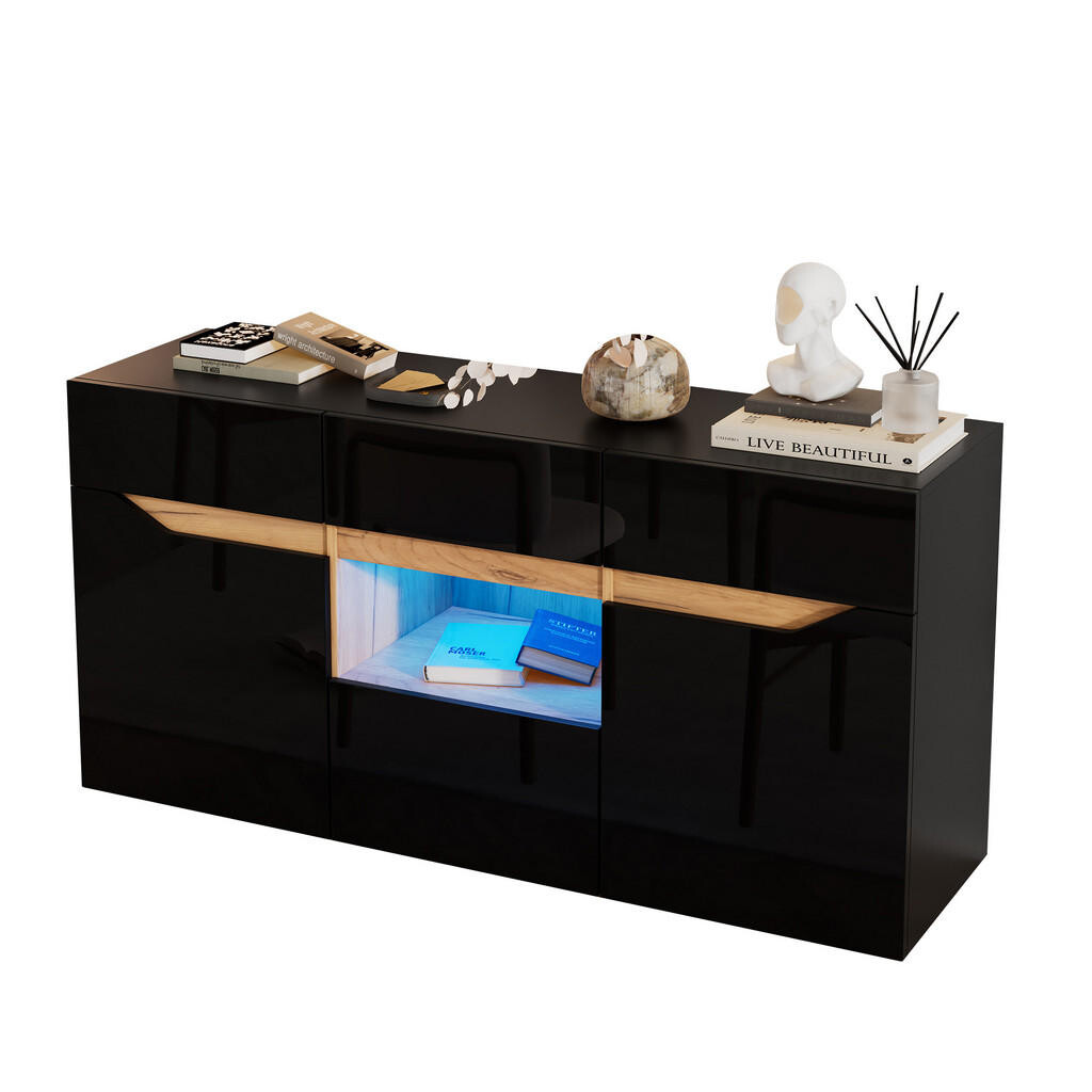 STILVORA KUCHYŇSKÁ SKŘÍŇ v černé a přírodní barvě s LED osvětlením a zásuvkami do obýváku, 140×40×70 cm