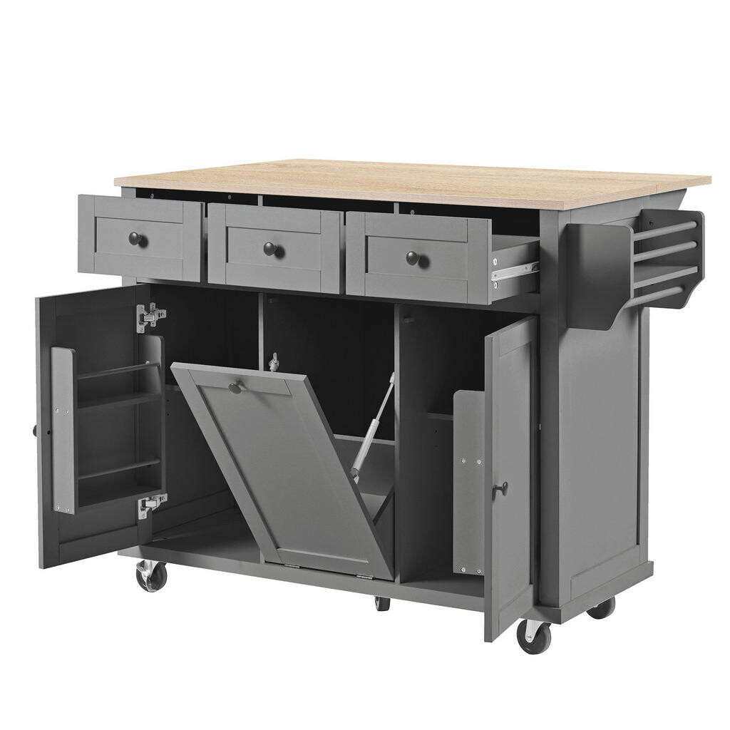 Redom KUCHYŇSKÝ ostrůvek 112/46,2-76,2/92,7 cm s výsuvnou pracovní deskou, úložným prostorem a kolečky, Přírodní/Šedá