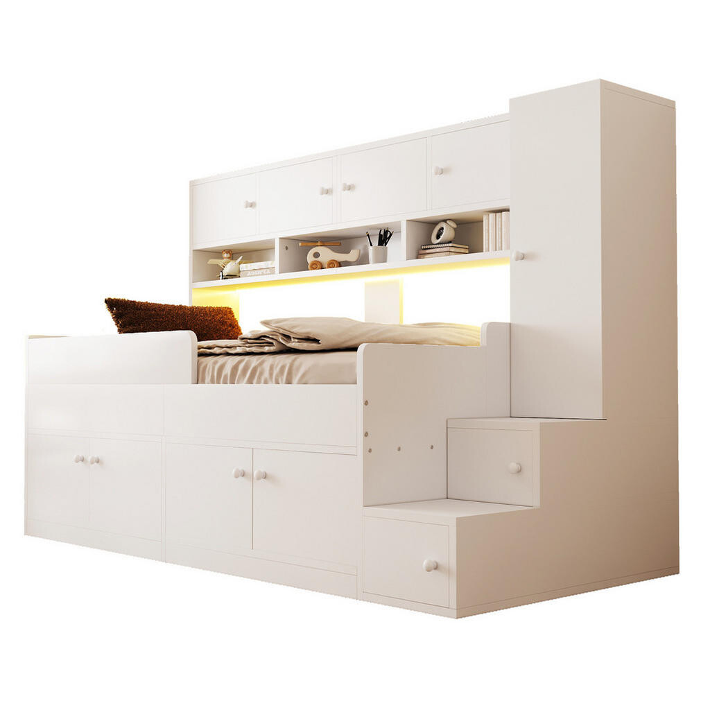 OKWISH DĚTSKÁ postel 90/200 cm bílá, dřevěná, s úložným prostorem, šatní skříní a LED osvětlením