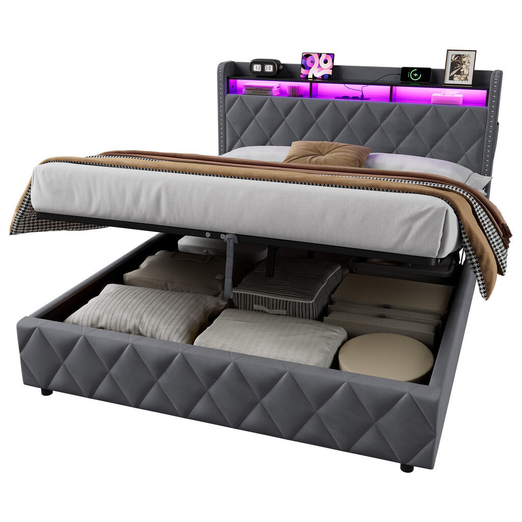OKWISH ČALOUNĚNÁ postel 160/200 cm tmavě šedá ze sametu, dřeva a kovu s hydraulickým úložným prostorem, LED osvětlením a nabíjecími konektory