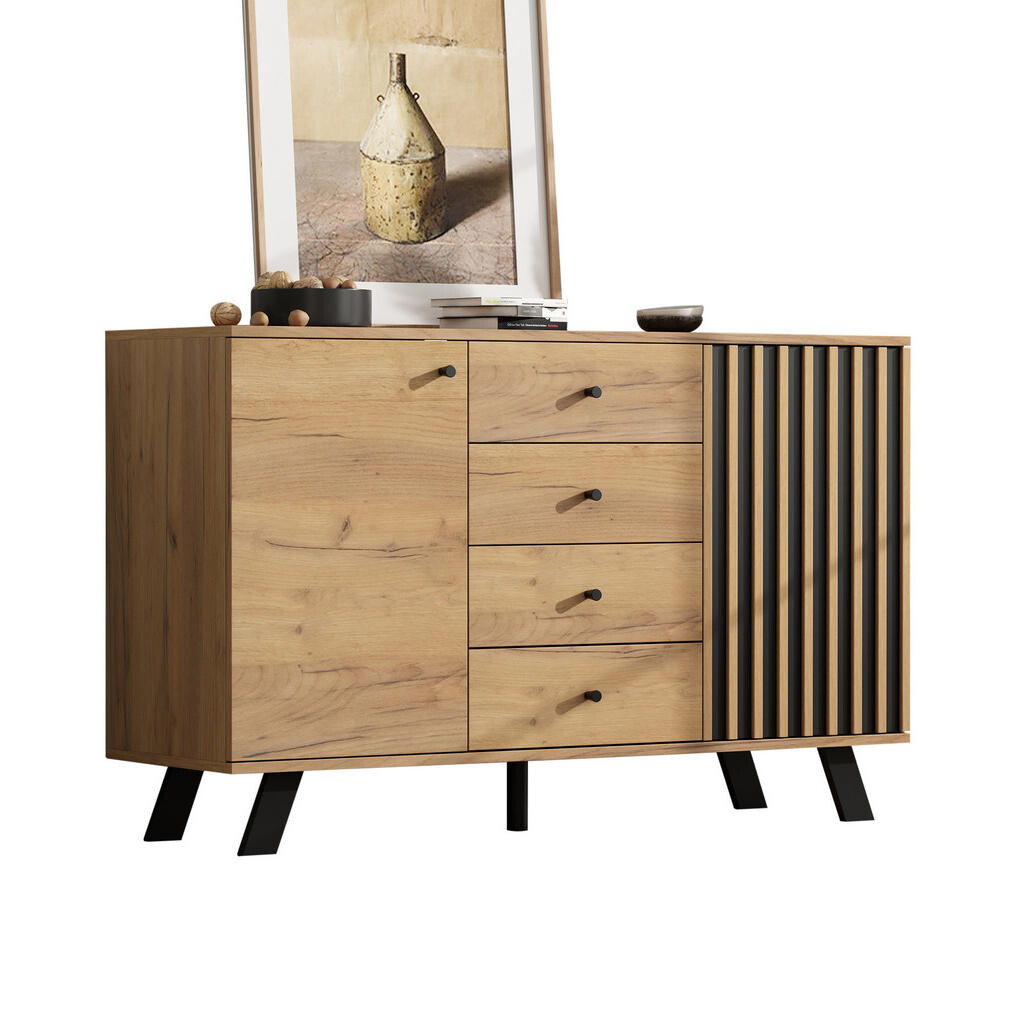 OKWISH KOMODA 120/38/75 cm černá a přírodní z MDF a masivního dřeva se 4 zásuvkami a 2 skříňkami