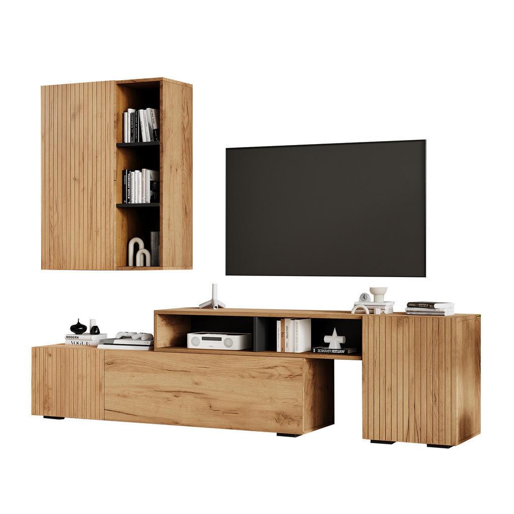 OKWISH TV sestava 174-265/35/53,5 cm dubová a černá z dřevotřísky s nastavitelnou délkou
