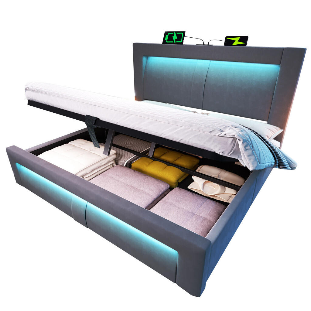 WISHDOR ČALOUNĚNÁ POSTEL 140/200 cm šedá samet s úložným prostorem, LED osvětlením, USB portem a Type-C