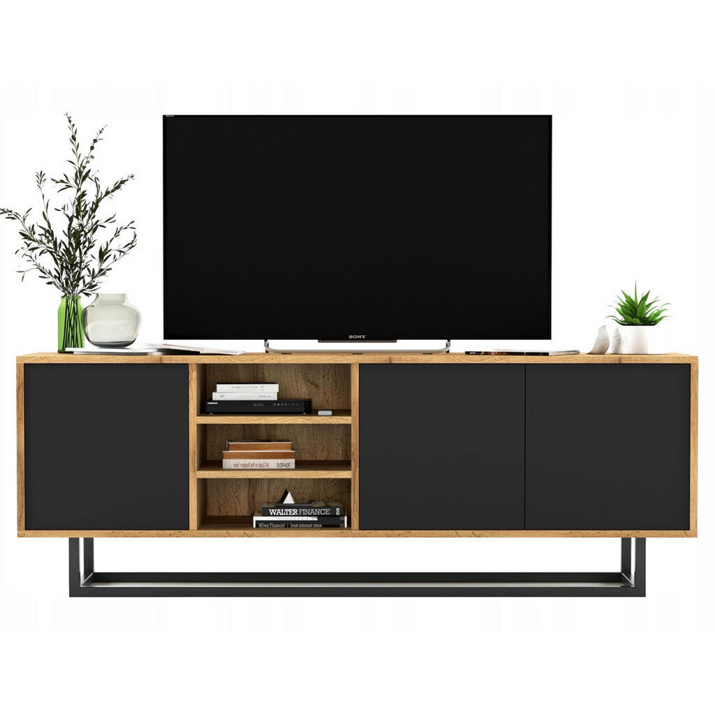 Meble Lindner TV stolek Apollo dub Wotan / černá matná 150 cm s kovovým rámem