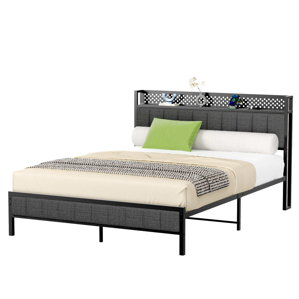 Redom KOVOVÁ postel 140/200 cm s čalouněným čelem, USB porty a úložným prostorem, Černá