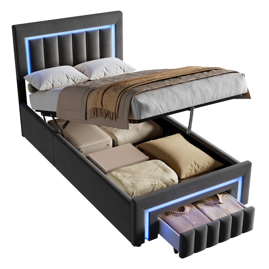 Redom ČALOUNĚNÁ postel 90x190 cm s hydraulickým lůžkovým boxem, zásuvkou s kolečky, LED osvětlením, Šedá
