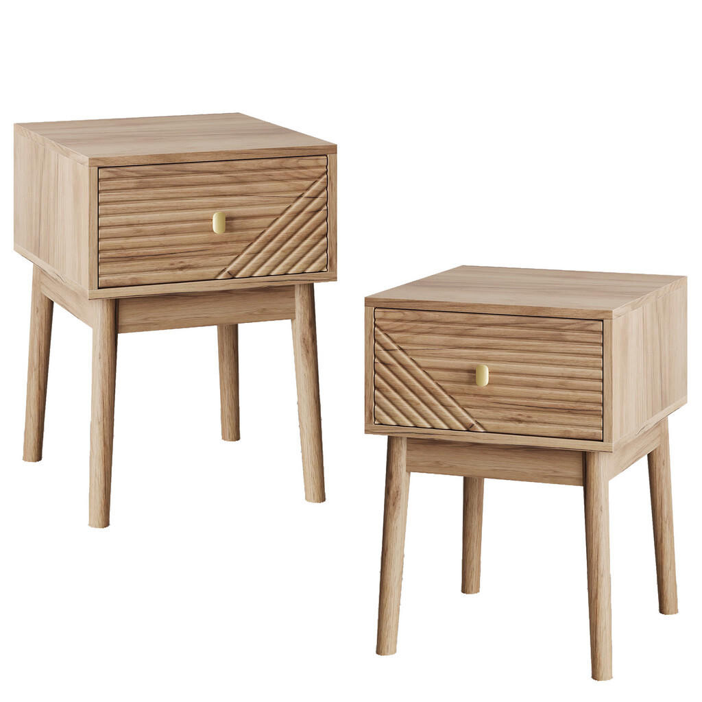 Urban Meuble NOČNÍ STOLEK sada 2 ks, dub 40 cm - Mid Century s texturovanou přední částí a kovovou úchytkou