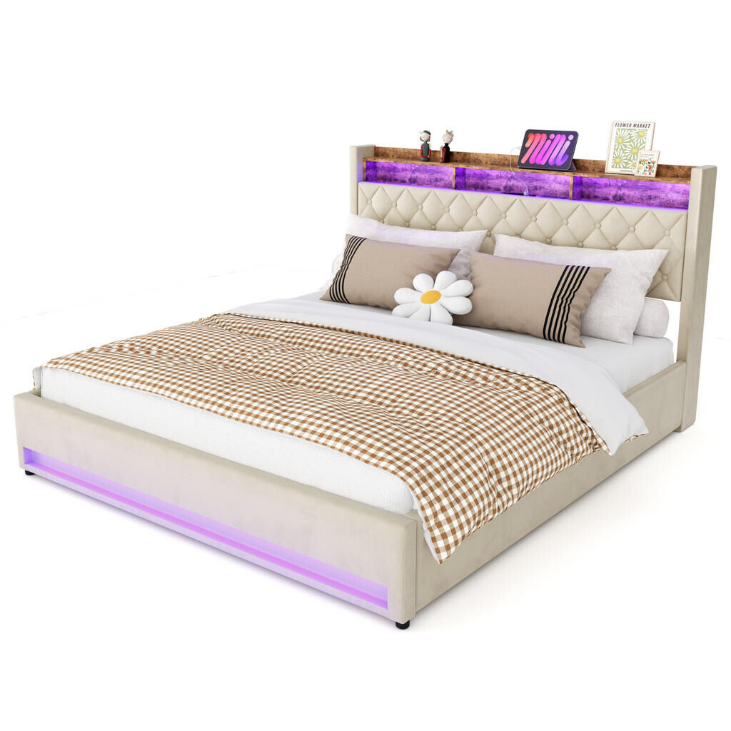 OKWISH ČALOUNĚNÁ postel 180/200 cm béžová s LED lištou osvětlení a USB porty