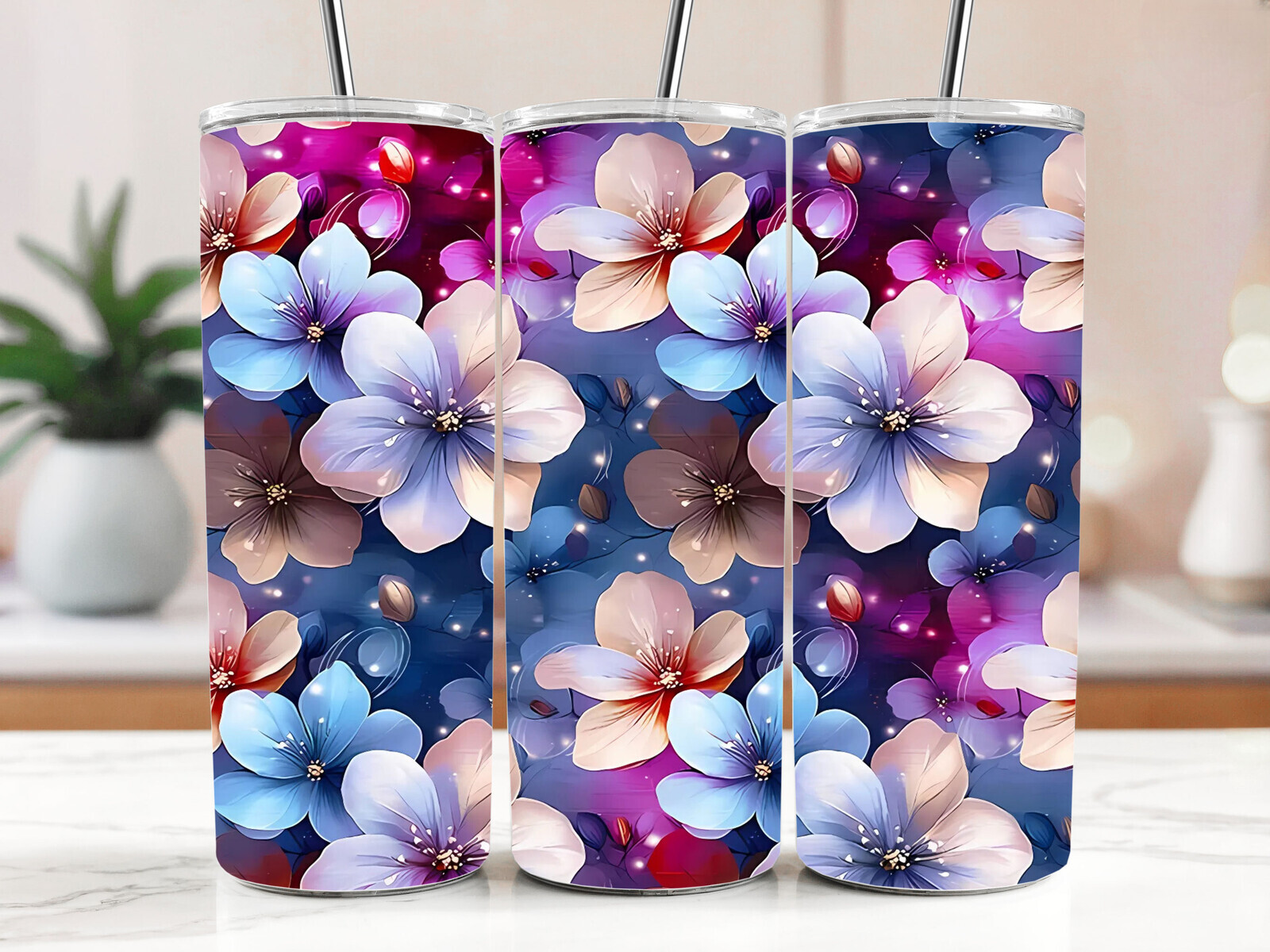 Cestovní termokelímek s brčkem 590 ml – Magické modré a fialové květy 20