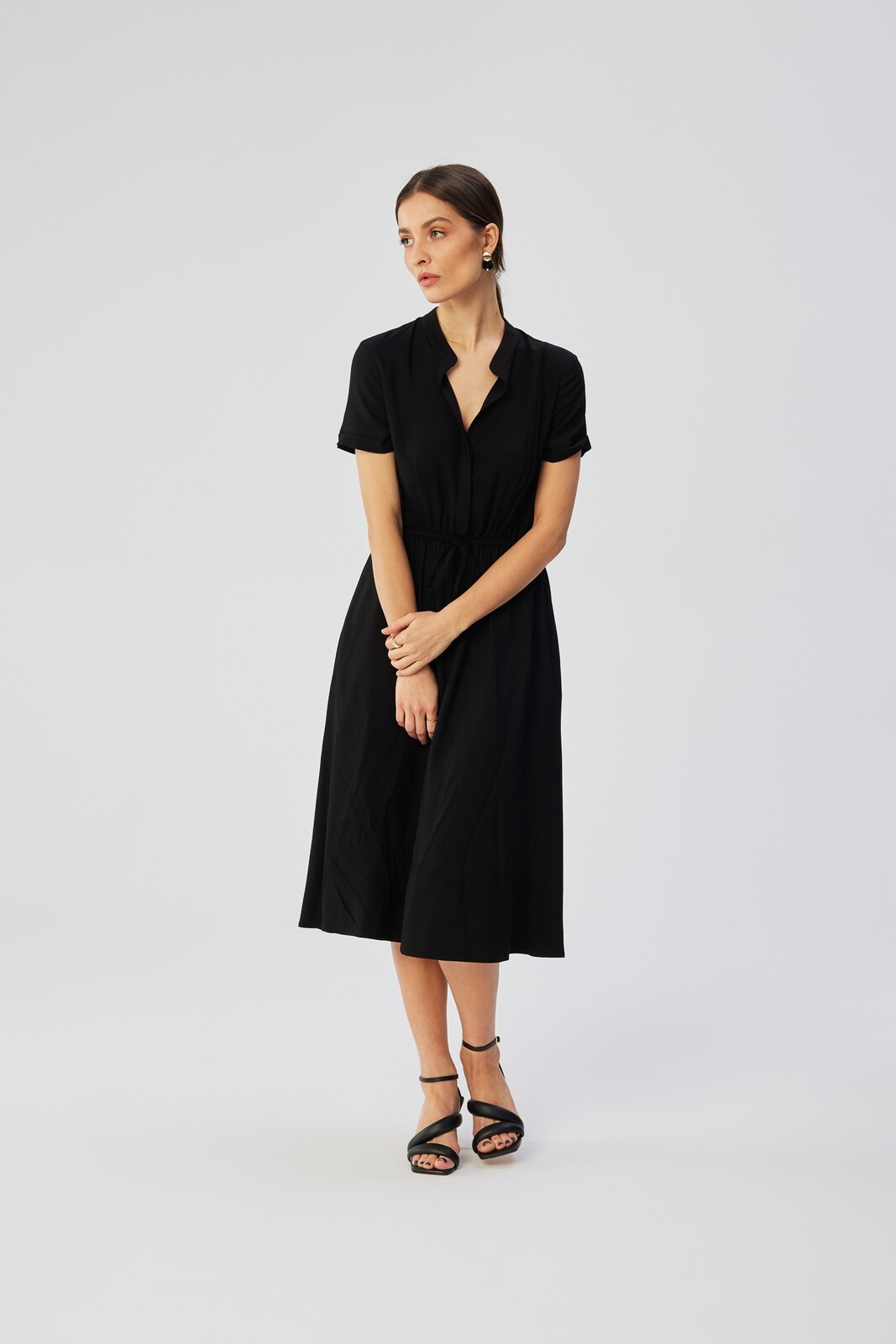 Stylove Woman's Viscose dress with string tied waist - black