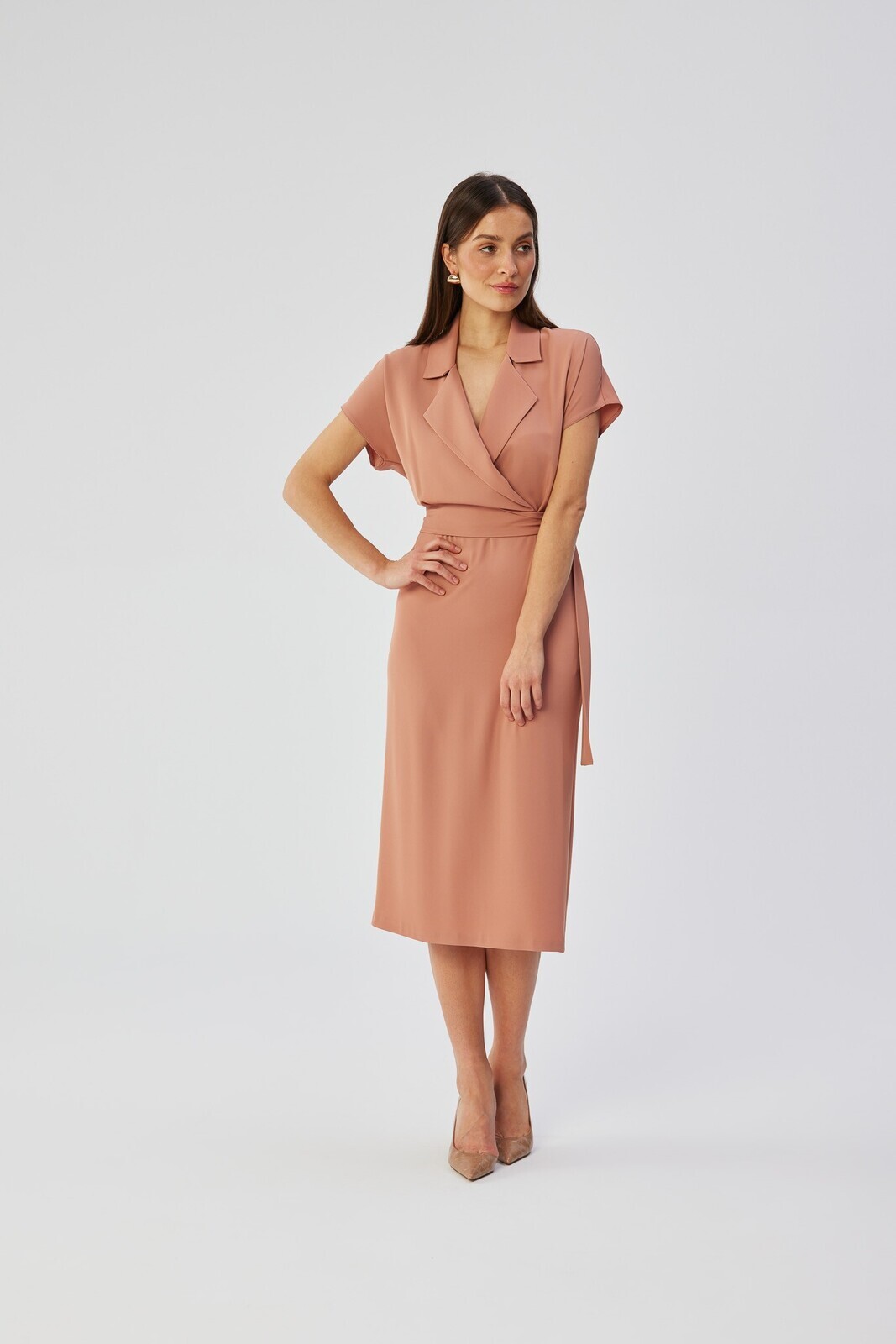 Stylove Woman's Shirt dress with a tie belt - rose