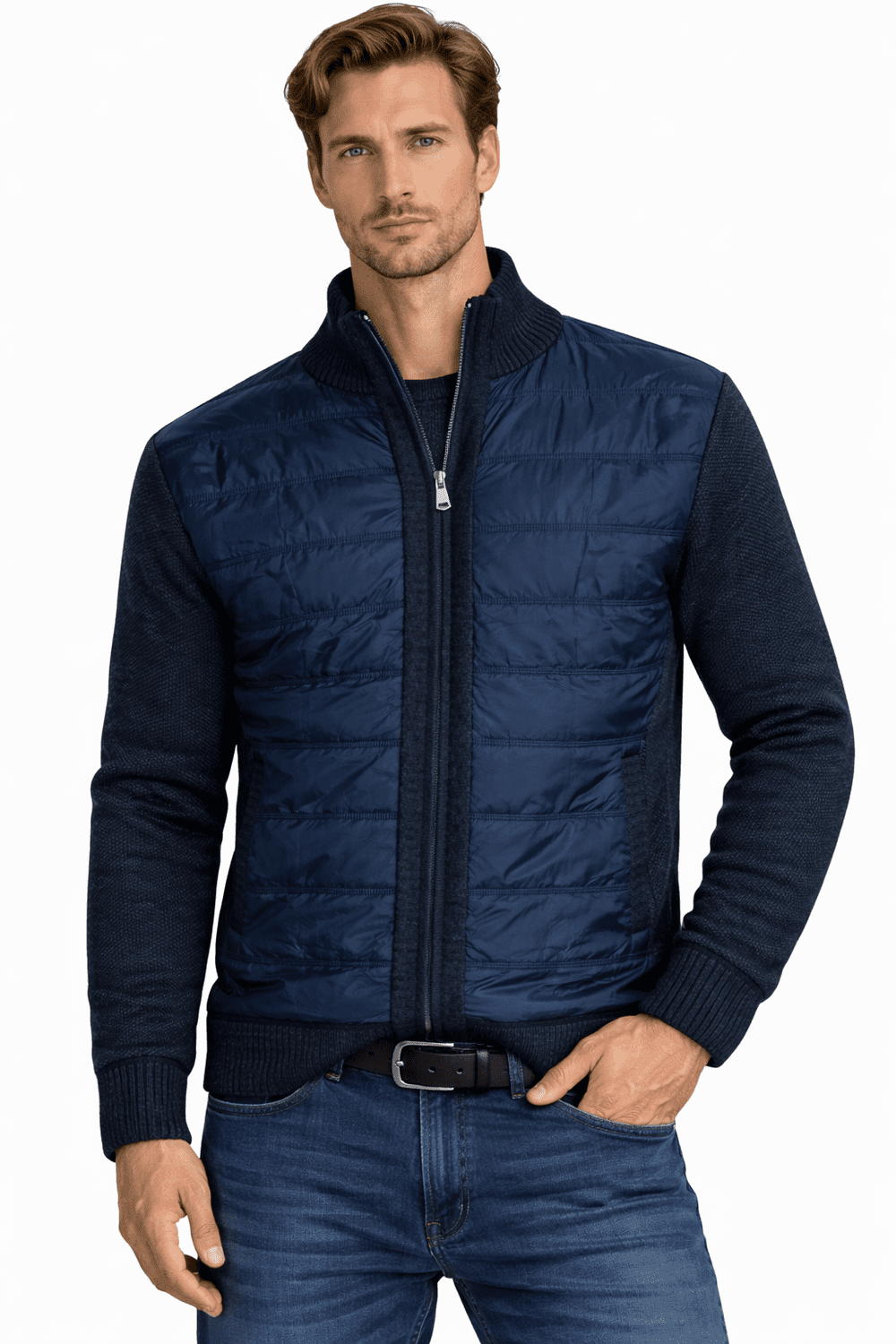 Pánský svetr s polovičním rolákem na zip - Navy Blue