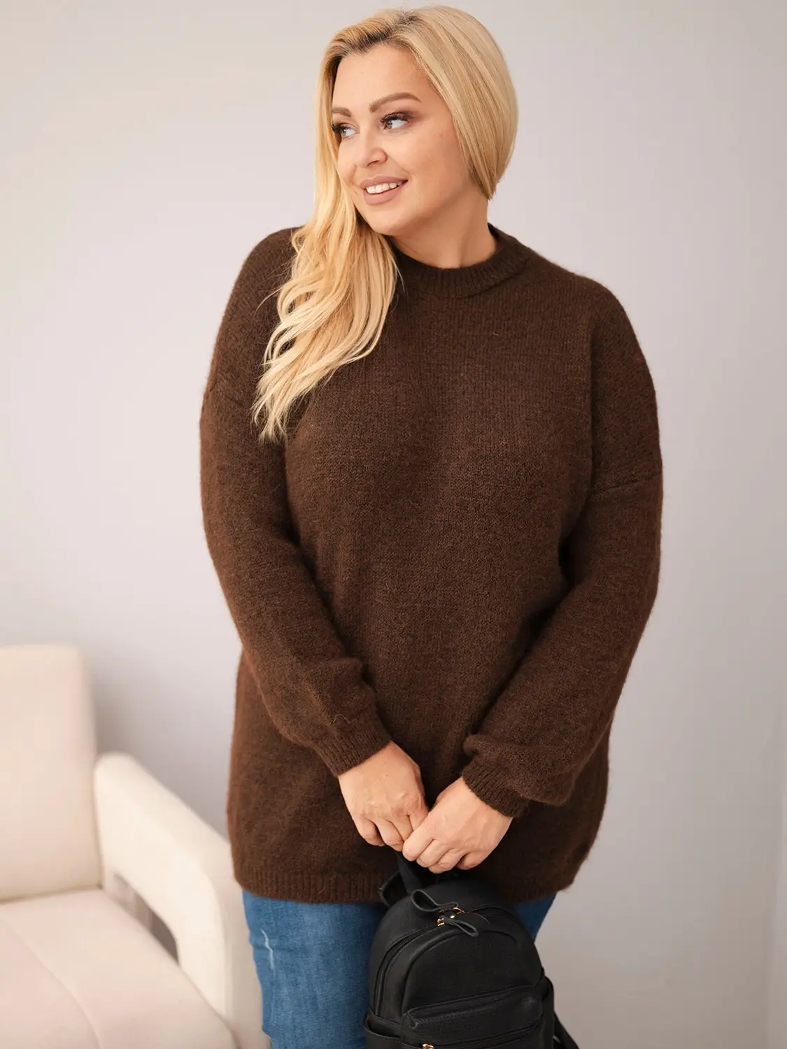 Kesi italský plus size svetr s dlouhými rukávy hnědý