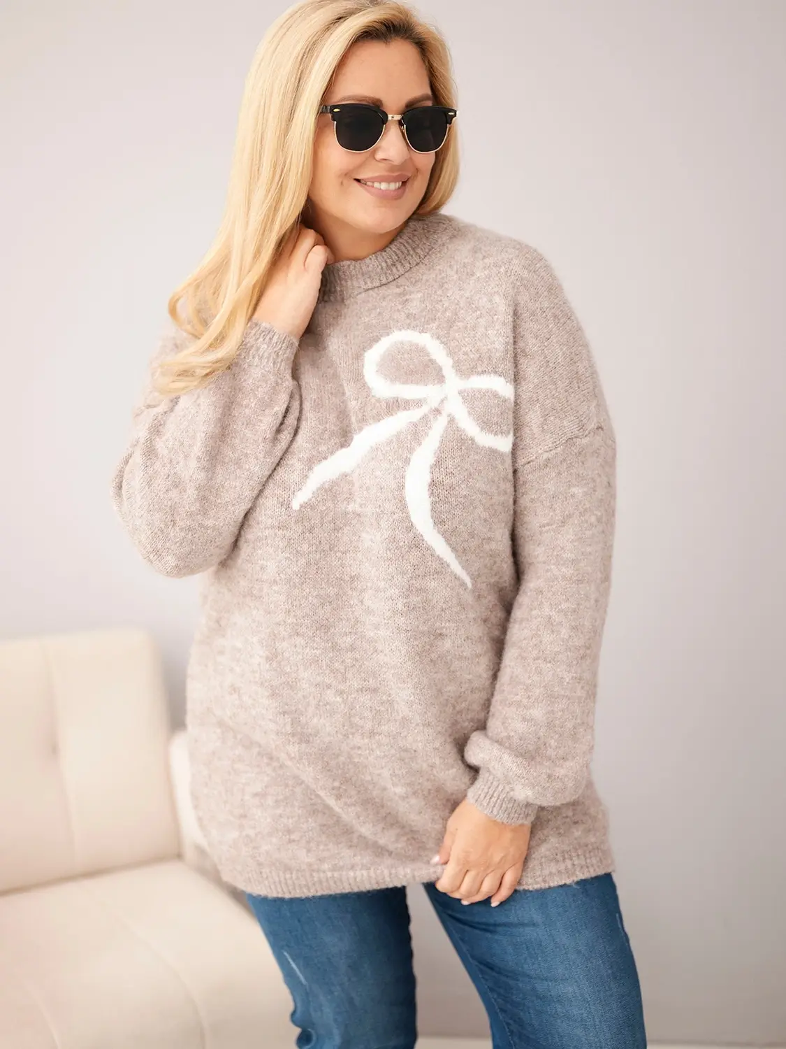 Dámský Plus Size svetr s mašlí