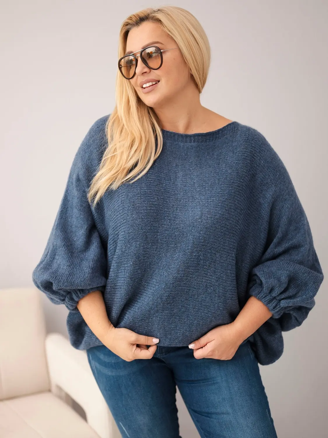 Dámský Plus Size svetr z vlněné směsi v džínové barvě