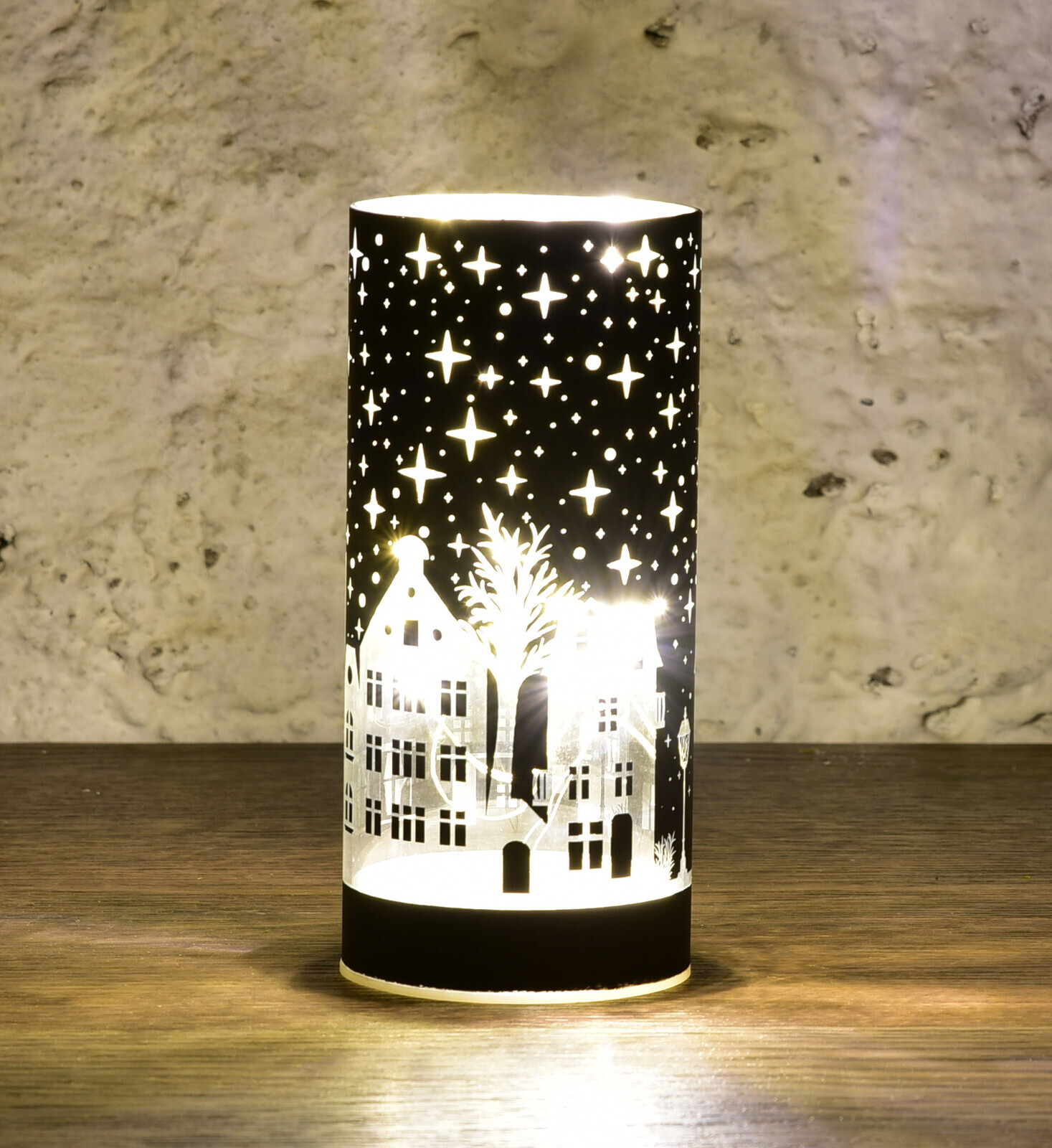 NOČNÍ MĚSTEČKO | LED černý skleněný svícen | 15 cm