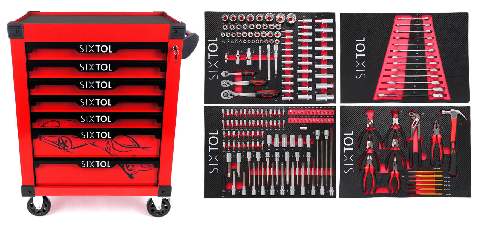 Dílenský vozík na nářadí MECHANIC TROLLEY KEVIN RED 210, 7 šuplíků, 210 ks nářadí SIXTOL