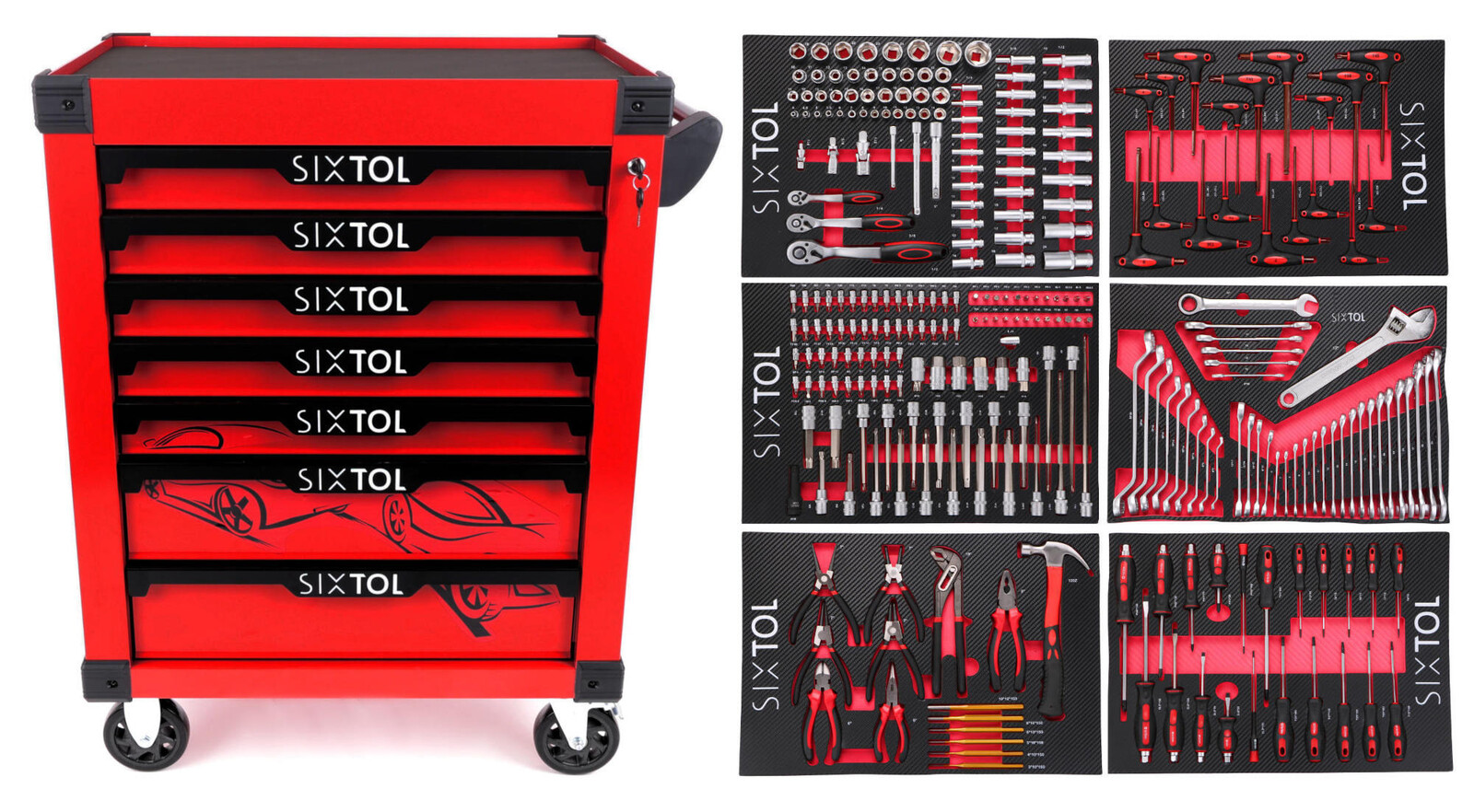 Dílenský vozík na nářadí MECHANIC TROLLEY KEVIN RED 274, 7 šuplíků, 274 ks nářadí SIXTOL