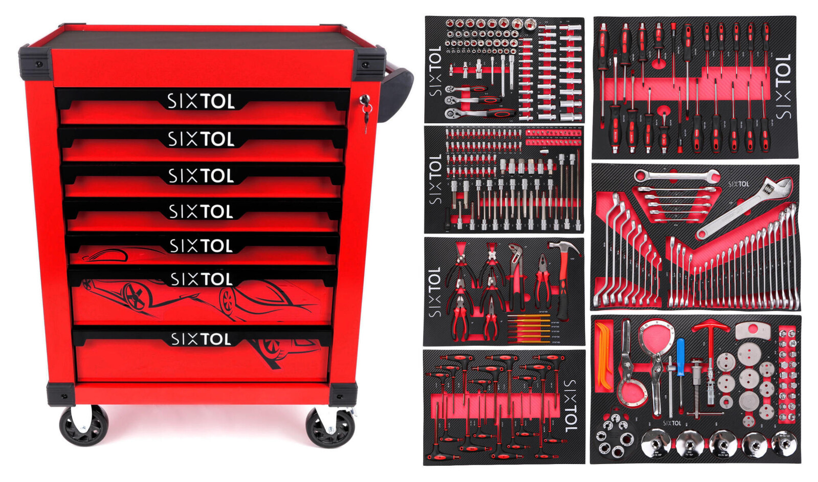 Dílenský vozík na nářadí MECHANIC TROLLEY KEVIN RED 326, 7 šuplíků, 326 ks nářadí SIXTOL