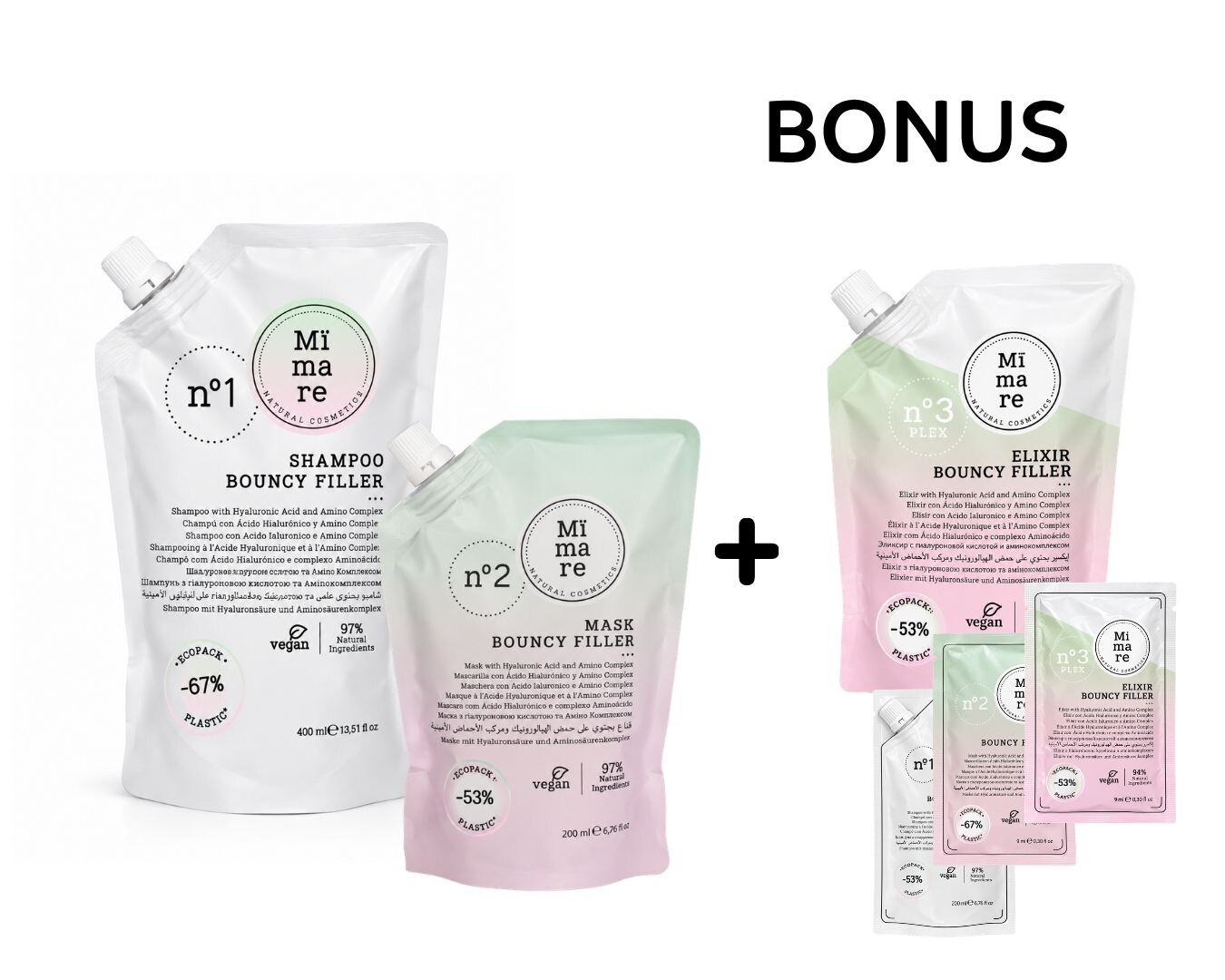 AKCE: Mïmare Bouncy Filler TRIO - šampon, 480 ml a maska, 200 ml + elixír, 200 ml