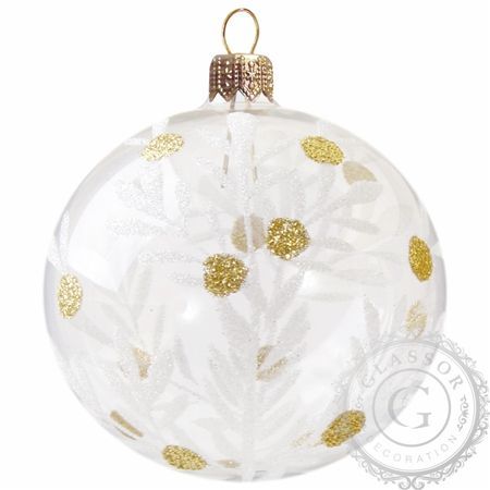 Vánoční koule průhledná dekor bílé větvičky se zlatými tečkami