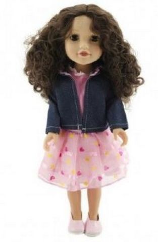 Panenka plast stojící kudrnaté vlasy, růžové šaty a bunda 46cm v krabici 24x49x13cm