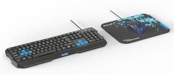 E-BLUE Sada klávesnice Polygon, herní, černo-modrá, drátová (USB), US, s myší Cobra II, a podložkou Mazer Marface S