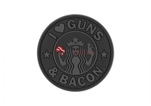 Gumová nášivka Jackets to Go nápis Guns and Bacon - černá