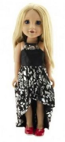Panenka plast stojící blond rovné vlasy, černé šaty 46cm v krabici 24x49x13cm