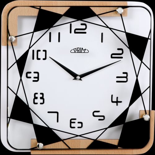 Nástěnné hodiny PRIM Today mají dnešní trendy styl. Tyto hodiny mají arabské číslice vyřezány do těla hodin. Jednoduchá geometrická grafika a logo je natištěno na skle hodin. Cel 00 - bílá