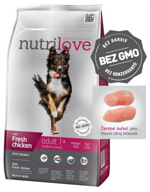 Nutrilove dog dry ADULT M fresh chicken granule pro dospělé psy středních plemen