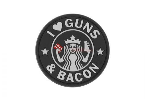 Gumová nášivka Jackets to Go nápis Guns and Bacon - šedá