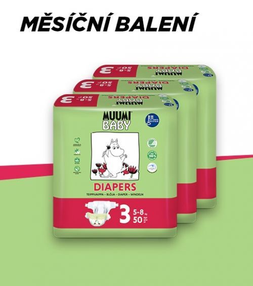 Muumi Baby Midi 5-8 kg, vel.3, měsíční balení eko plen, 3x50 ks