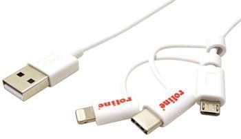 Roline USB 2.0 kabel USB A(M) - microUSB B(M), s redukcí na USB C a Apple Lightning, bílý, 1m