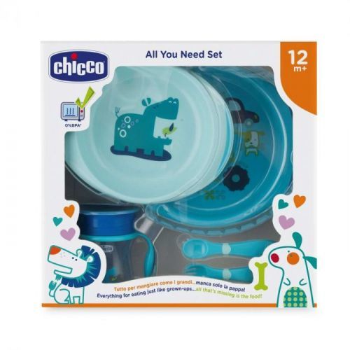 CHICCO Jídelní set - talíře, příbory, sklenka, 12m+ - modrý