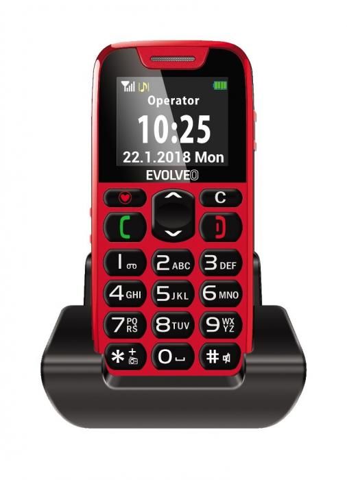 EVOLVEO EasyPhone, mobilní telefon pro seniory s nabíjecím stojánkem (červená barva), snadné ovládání